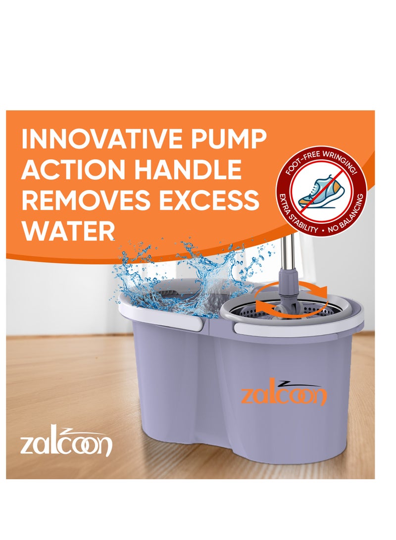 Zalcoon Spin Mop and Bucket with Wringer Set, 360° Spinning Mop and Bucket System with 2 Replacement Heads, Stainless Steel Adjustable Handle and Scrub Brush for Floor Cleaning (Grey) - Image 3